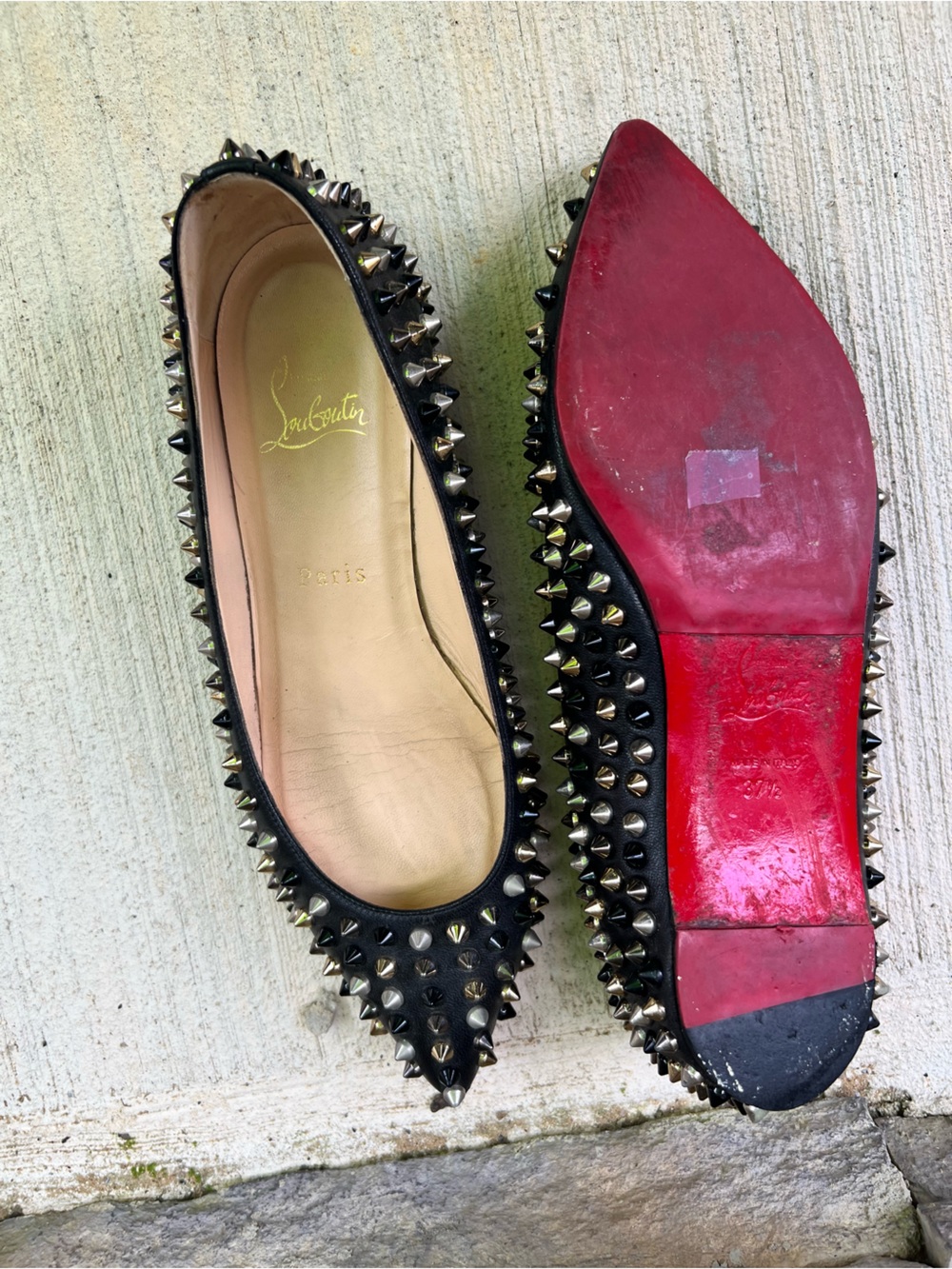 Christian Louboutin Black Studded Pointed Flats with Red Soles